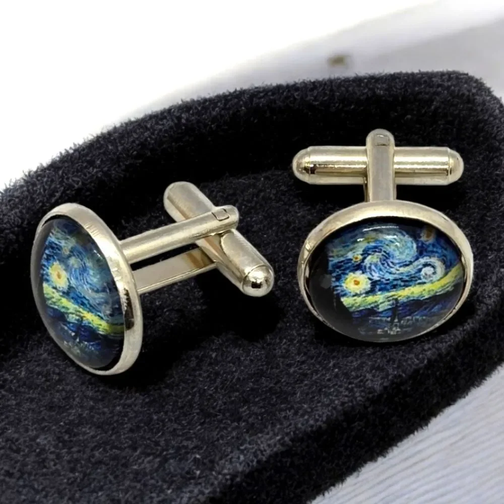 Van Gogh Starry Night Cufflinks Silver Blue Art Museum Artist Chic Teacher Gift
